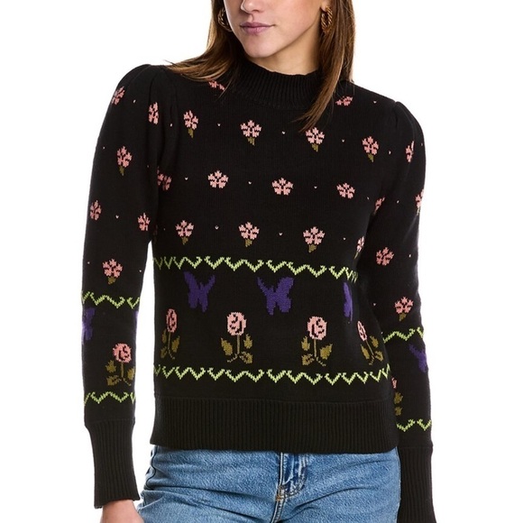 525 AMERICA Floral Puff Sleeve Pullover Sweater In Black - Picture 1 of 6
